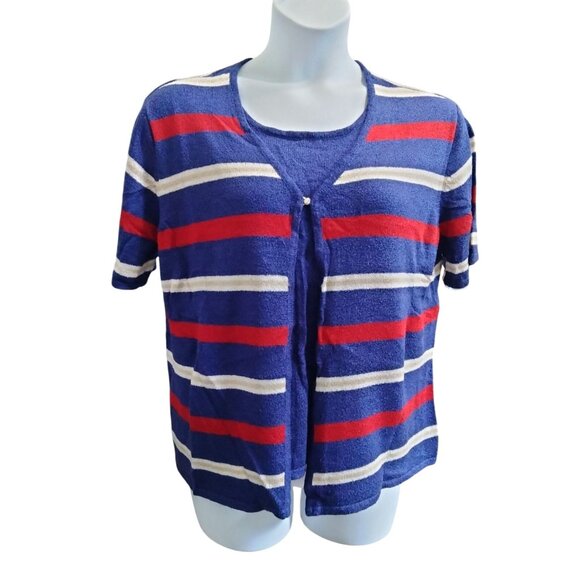 Sag Harbor Woman Blue Red White Striped Cardigan With Attached Tank Plus Size 1X - Picture 2 of 7
